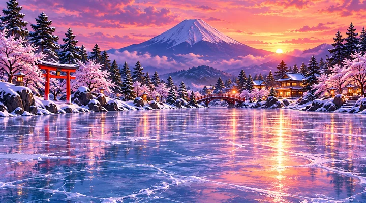 Yamanaka Lake, Japan: Mount Fuji, a red torii gate and cherry blossom over the ice