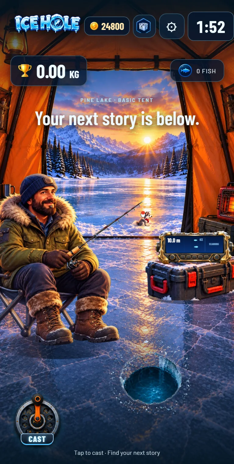 A freshly drilled hole in the ice in front of the angler's tent