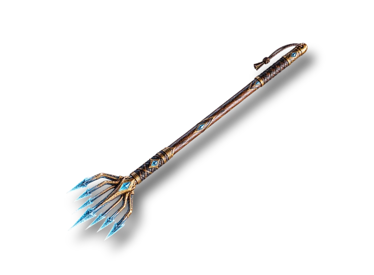 Ornate fishing spear with ice-blue tines