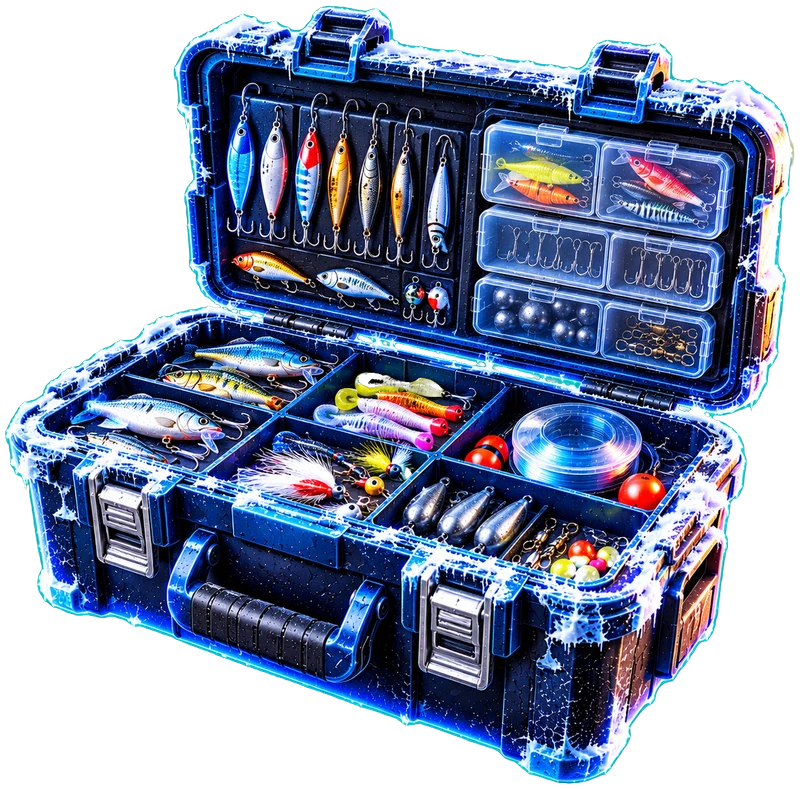 Open tackle box full of lures